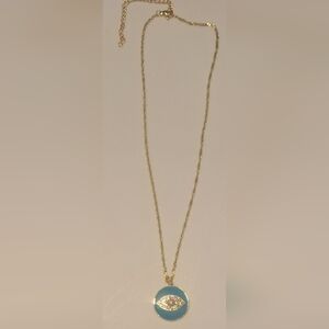 Oak & Ivy Boutique Gold Tone Necklace W/ Teal Bling Eye Pendant 17.75-21" NEW
